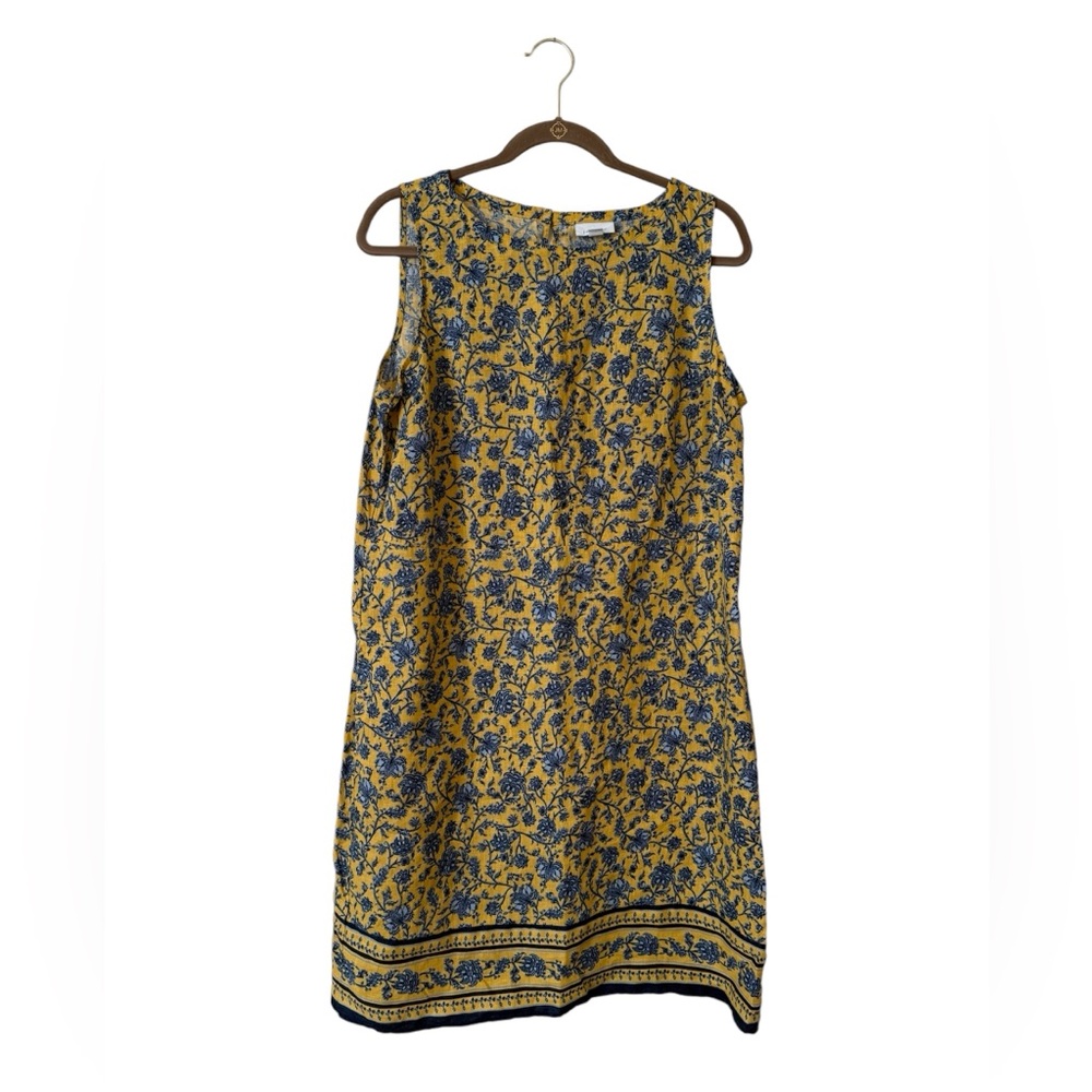 J Jill 100% Linen Yellow Blue Floral Sleeveless Shift Dress Medium Vacation